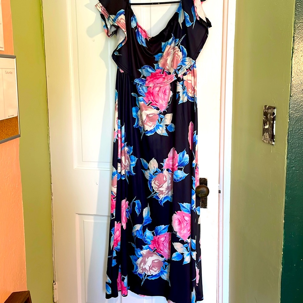 Floral Maxi Dress - Navy with Pink & Blue Blooms